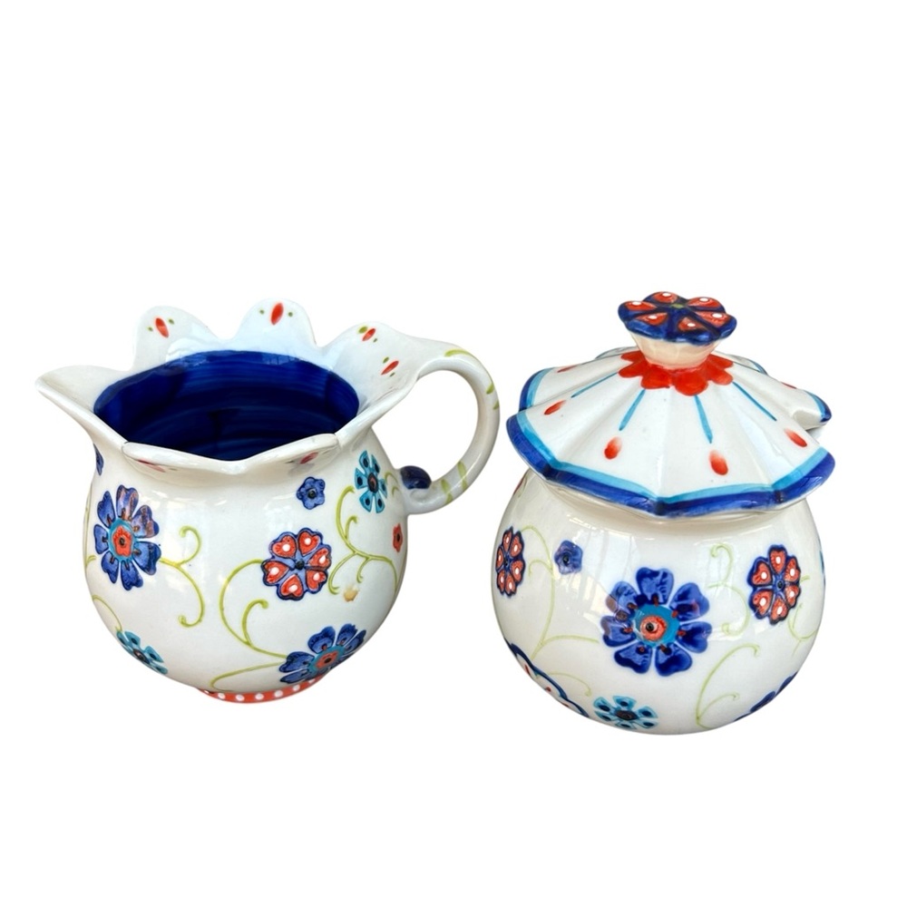 Anthropologie Hand Painted Colorful Floral Ceramic Creamer and Sugar Set.